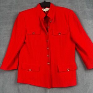 St. John Collection Marie Gray Red Santana Knit Military Jacket Gold Buttons 10